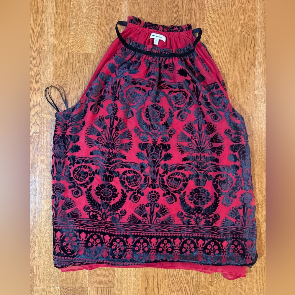 Max Studio Red Black Velvet Embellished Sleeveless Blouse Women Size Large